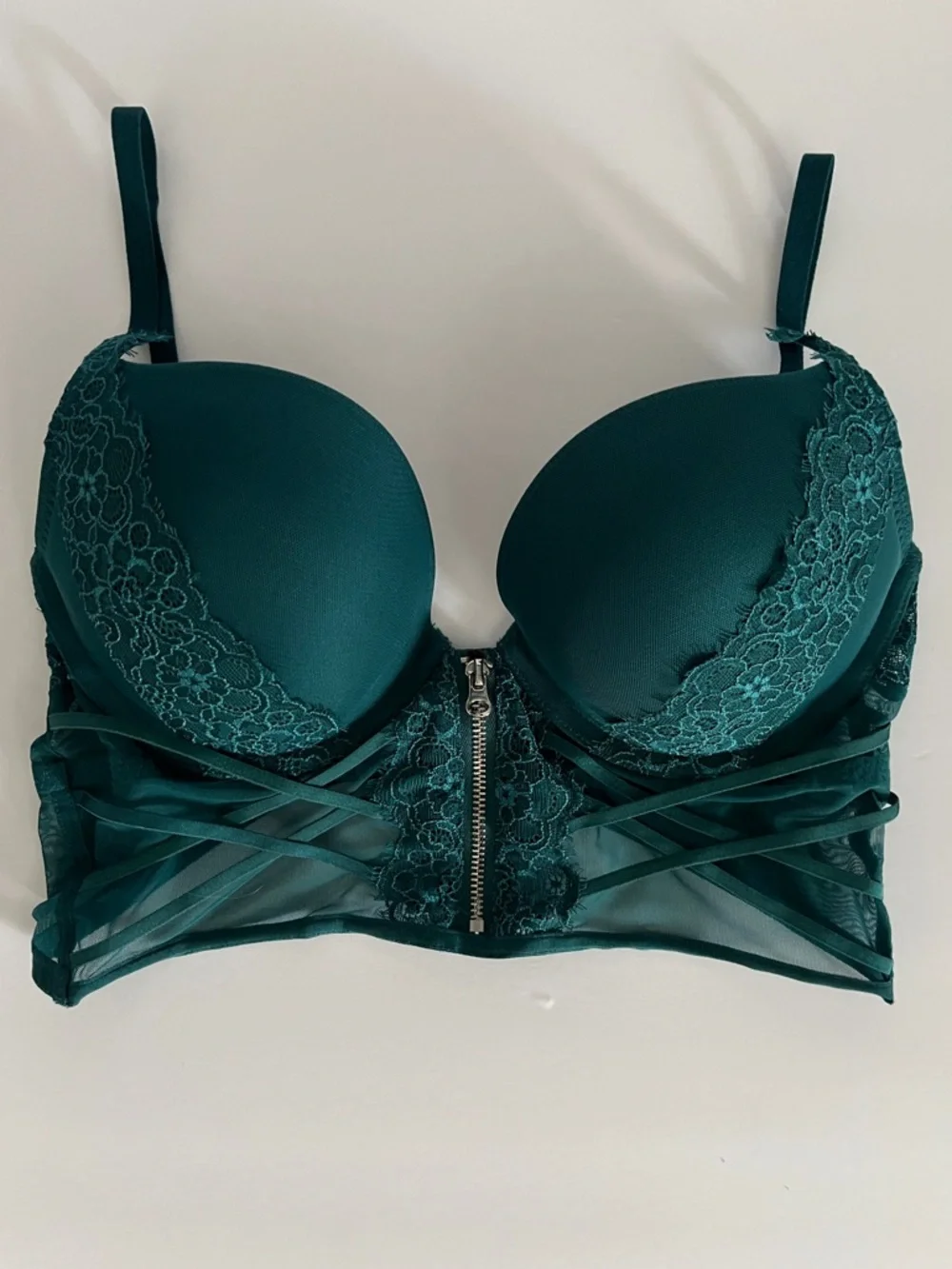 La SENZA Beyond Sexy Floral Lace+Mesh Demi Cup Bustier Bra in Emerald Green 34C - Picture 1 of 11